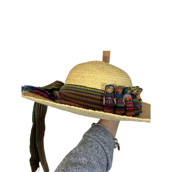 Guatemalan Worry Doll Woven Straw Hat Travel Tourist Coastal Vintage EUC - Picture 2 of 6